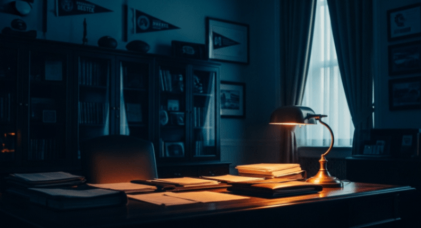 Athletic director's office at dusk