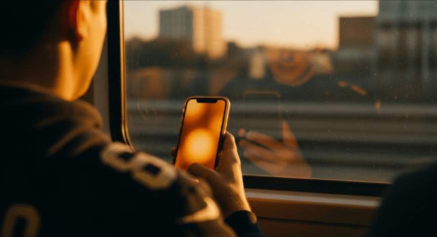 Fan watching pre-game content on mobile during commute