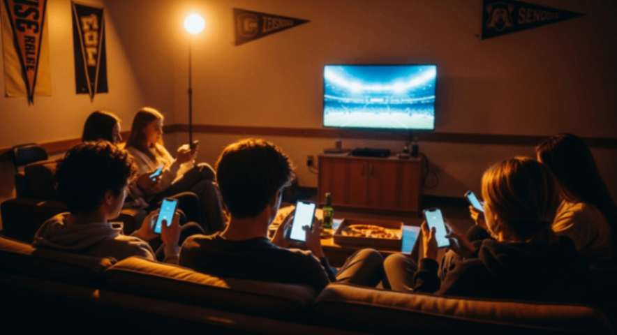 College students watching game together in dorm with mobile devices